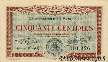 50 Centimes FRANCE régionalisme et divers Chambéry 1920 JP.044.11 SPL à NEUF