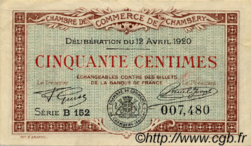 50 Centimes FRANCE régionalisme et divers Chambéry 1920 JP.044.11 TTB à SUP