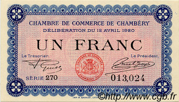 1 Franc FRANCE régionalisme et divers Chambéry 1920 JP.044.14 SPL à NEUF