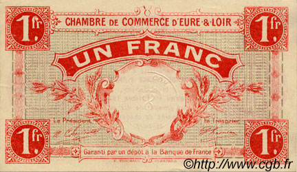 1 Franc FRANCE régionalisme et divers Chartres 1915 JP.045.03 TTB à SUP