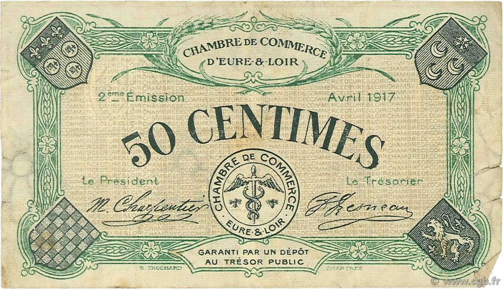 50 Centimes FRANCE régionalisme et divers Chartres 1917 JP.045.05 TB