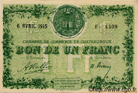 1 Franc FRANCE régionalisme et divers Chateauroux 1915 JP.046.02 TTB à SUP