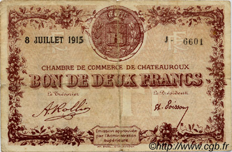 2 Francs FRANCE regionalism and miscellaneous Chateauroux 1915 JP.046.09 F