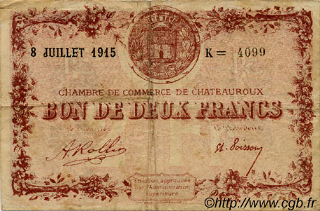 2 Francs FRANCE régionalisme et divers Chateauroux 1915 JP.046.13 TB