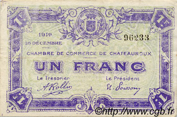 1 Franc FRANCE régionalisme et divers Chateauroux 1919 JP.046.21 TTB à SUP