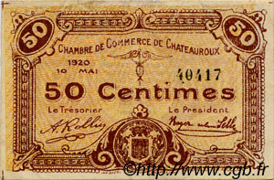 50 Centimes FRANCE régionalisme et divers Chateauroux 1920 JP.046.22 TTB à SUP