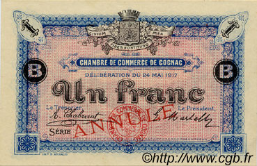 1 Franc Annulé FRANCE régionalisme et divers Cognac 1917 JP.049.08 SPL à NEUF