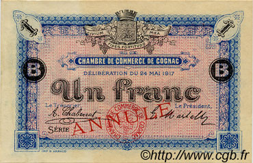 1 Franc Annulé FRANCE régionalisme et divers Cognac 1917 JP.049.08 TTB à SUP