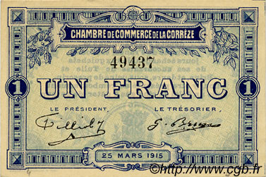 1 Franc FRANCE régionalisme et divers Corrèze 1915 JP.051.03 TTB à SUP