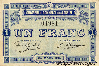 1 Franc FRANCE régionalisme et divers Corrèze 1915 JP.051.06 TTB à SUP