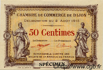 50 Centimes Spécimen FRANCE régionalisme et divers Dijon 1915 JP.053.02 TTB à SUP
