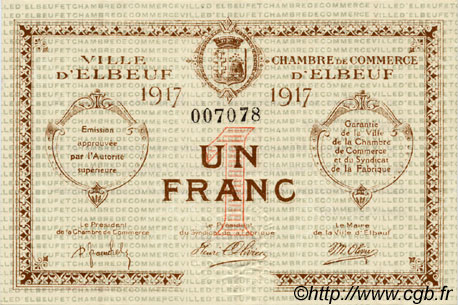 1 Franc FRANCE régionalisme et divers Elbeuf 1917 JP.055.11 SPL à NEUF