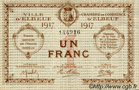1 Franc FRANCE régionalisme et divers Elbeuf 1917 JP.055.11 TTB à SUP
