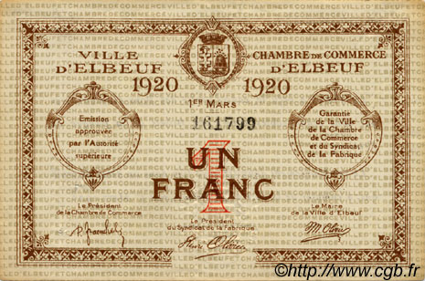 1 Franc FRANCE régionalisme et divers Elbeuf 1920 JP.055.17 TTB à SUP