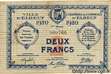 2 Francs FRANCE régionalisme et divers Elbeuf 1920 JP.055.20 TTB à SUP