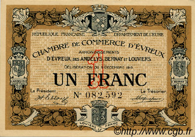 1 Franc FRANCE régionalisme et divers Évreux 1915 JP.057.01 SPL à NEUF