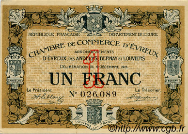 1 Franc FRANCE régionalisme et divers Évreux 1915 JP.057.01 TTB à SUP