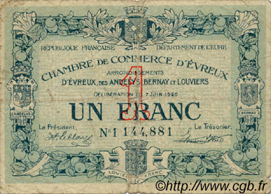 1 Franc FRANCE régionalisme et divers Évreux 1920 JP.057.17 TB