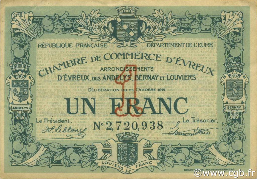 1 Franc FRANCE régionalisme et divers Évreux 1921 JP.057.20 TTB à SUP