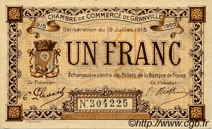 1 Franc FRANCE régionalisme et divers Granville 1915 JP.060.04 TTB à SUP