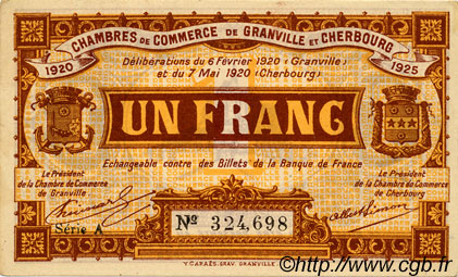 1 Franc FRANCE régionalisme et divers Granville et Cherbourg 1920 JP.061.03 TTB à SUP