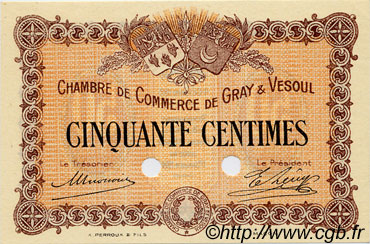 50 Centimes Spécimen FRANCE régionalisme et divers Gray et Vesoul 1915 JP.062.02 SPL à NEUF