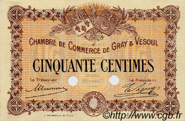 50 Centimes Spécimen FRANCE régionalisme et divers Gray et Vesoul 1915 JP.062.02 TTB à SUP