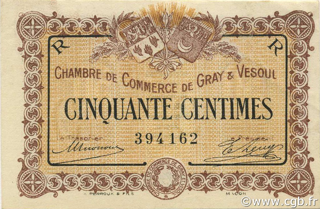 50 Centimes FRANCE régionalisme et divers Gray et Vesoul 1915 JP.062.07 SPL à NEUF