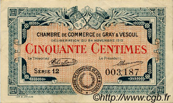 50 Centimes FRANCE régionalisme et divers Gray et Vesoul 1919 JP.062.11 TTB à SUP