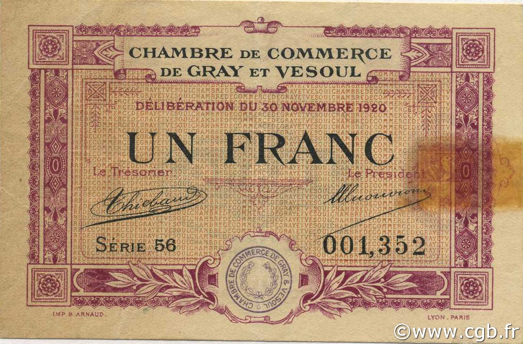 1 Franc FRANCE régionalisme et divers Gray et Vesoul 1920 JP.062.17 TB