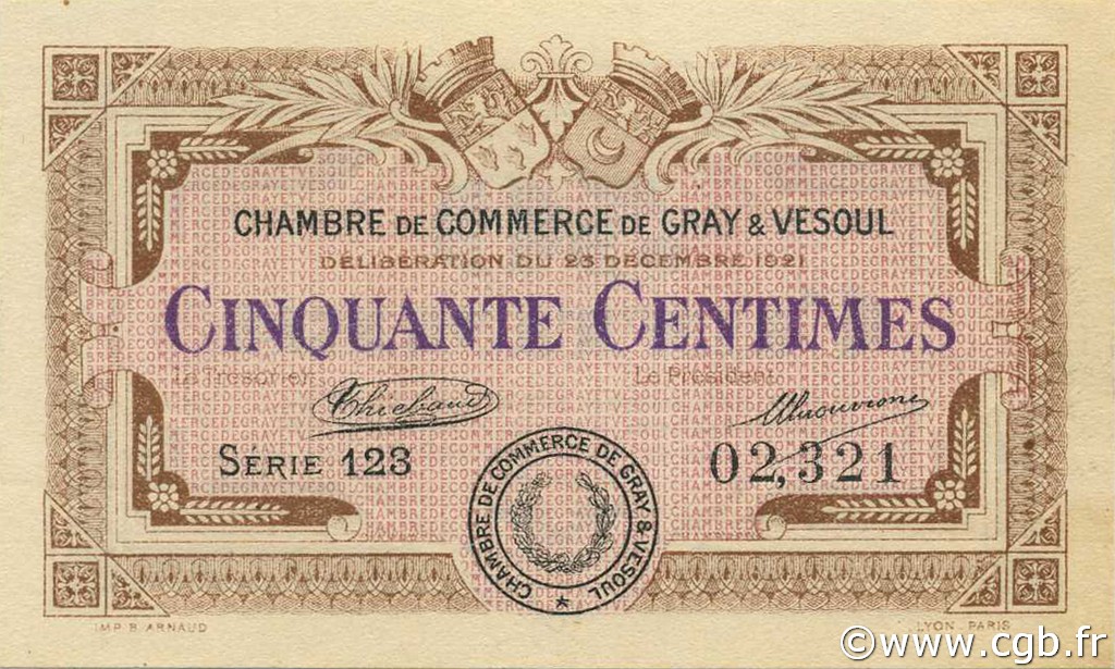50 Centimes FRANCE régionalisme et divers Gray et Vesoul 1921 JP.062.19 SPL à NEUF