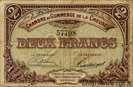 2 Francs FRANCE régionalisme et divers Guéret 1915 JP.064.05 TB