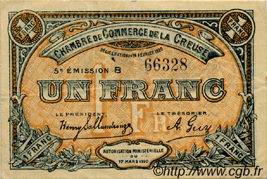 1 Franc FRANCE régionalisme et divers Guéret 1920 JP.064.20 TTB à SUP