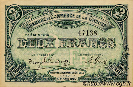 2 Francs FRANCE régionalisme et divers Guéret 1920 JP.064.21 TTB à SUP