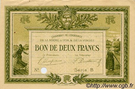 2 Francs Spécimen FRANCE régionalisme et divers La Roche-Sur-Yon 1915 JP.065.22 TTB à SUP