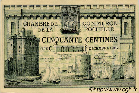 50 Centimes FRANCE régionalisme et divers La Rochelle 1915 JP.066.01 TTB à SUP