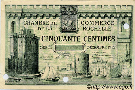 50 Centimes Spécimen FRANCE régionalisme et divers La Rochelle 1915 JP.066.02 TTB à SUP