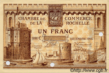 1 Franc Spécimen FRANCE régionalisme et divers La Rochelle 1915 JP.066.04 SPL à NEUF