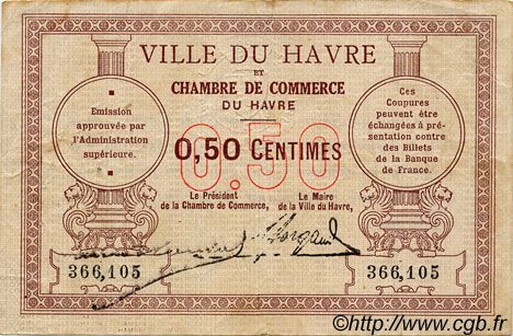 50 Centimes FRANCE régionalisme et divers Le Havre 1918 JP.068.01 TB