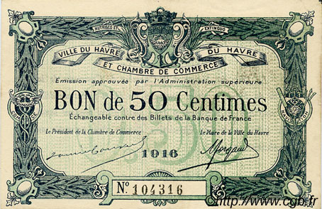 50 Centimes FRANCE régionalisme et divers Le Havre 1916 JP.068.14 SPL à NEUF