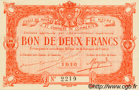 2 Francs FRANCE régionalisme et divers Le Havre 1916 JP.068.16 TTB à SUP