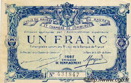 1 Franc FRANCE régionalisme et divers Le Havre 1917 JP.068.18 TTB à SUP