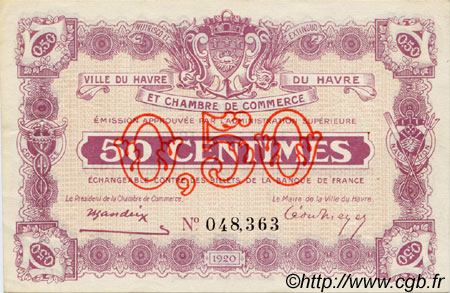 50 Centimes FRANCE régionalisme et divers Le Havre 1920 JP.068.20 TTB à SUP