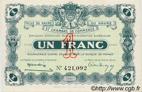 1 Franc FRANCE régionalisme et divers Le Havre 1920 JP.068.22 SPL à NEUF