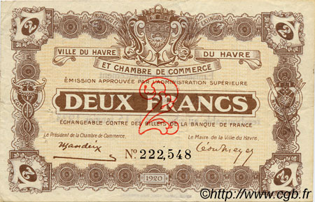 2 Francs FRANCE regionalism and miscellaneous Le Havre 1920 JP.068.24 VF - XF