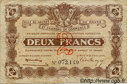 2 Francs FRANCE régionalisme et divers Le Havre 1920 JP.068.30 TB
