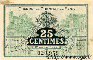 25 Centimes FRANCE régionalisme et divers Le Mans 1922 JP.069.20 TTB à SUP