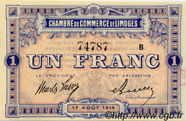 1 Franc FRANCE régionalisme et divers Limoges 1914 JP.073.03 TTB à SUP