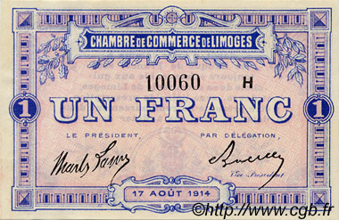 1 Franc FRANCE régionalisme et divers Limoges 1914 JP.073.15 TB