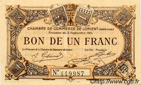 1 Franc FRANCE régionalisme et divers Lorient 1915 JP.075.08 TTB à SUP